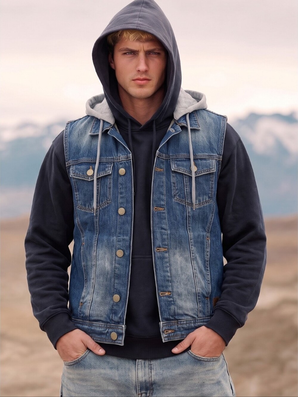 Zara Man Denim Jean Pockets With Sweatshirt Hoodie vest Mens Medium Jacket Hot